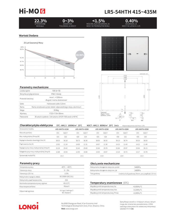 LONGI Explorer LR5-54HTH 430W Solar Panel (Black Frame)