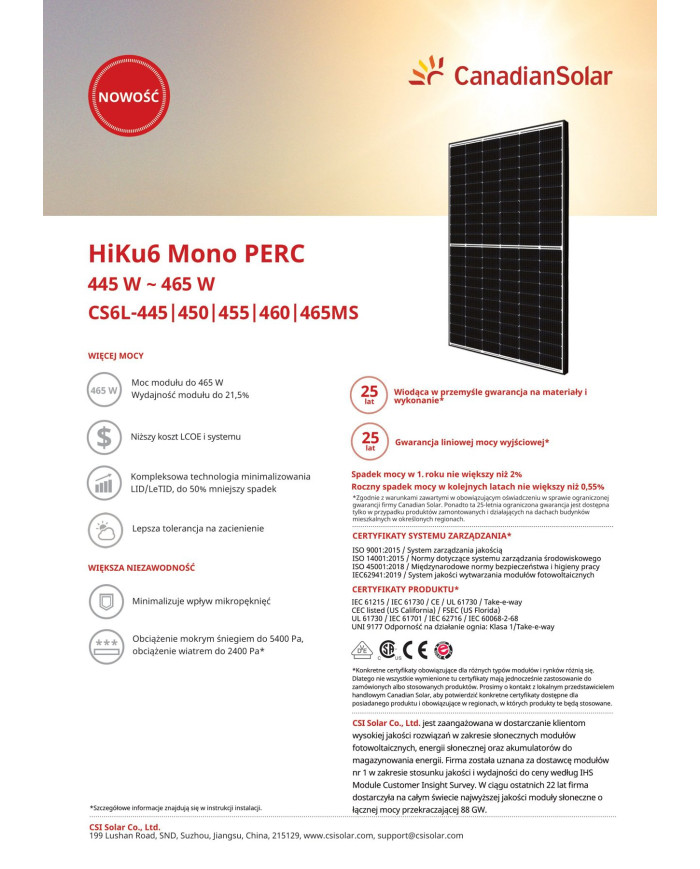 CanadianSolar HiKu6 CS6L-MS Mono PERC 455W Czarna rama