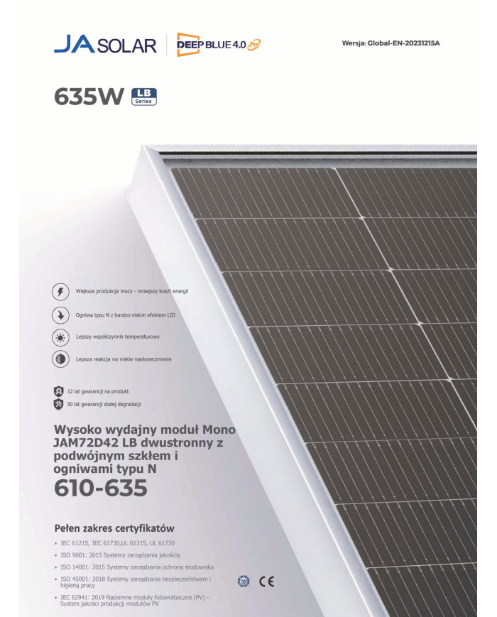 JA SOLAR JAM72D42-630/LB Half-cell Bifacial Double Glass Module MC4-EVO2(N-Type)