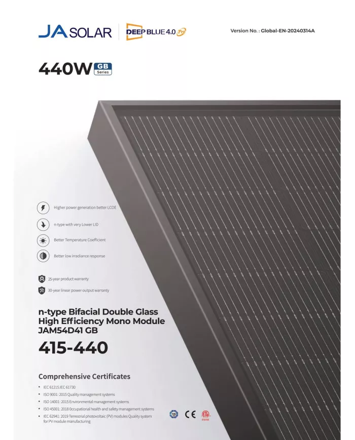 JA Solar JAM54D41 Bifaciale 435W GB Nero Completo MC4 (Tipo N)