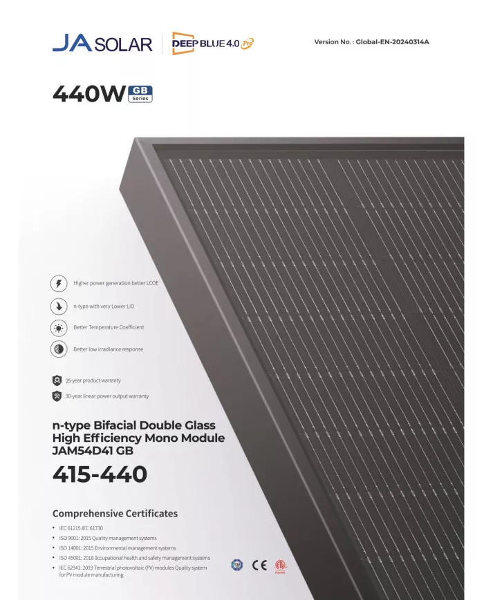 JA Solar JAM54D41 Bifaciaal 435W GB Volledig Zwart MC4 (N-Type)
