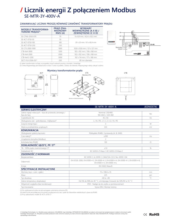SolarEdge SE-MTR-3Y-400V-A Modbus – trofazni mjerač energije 400V (RS485 Modbus, DIN)