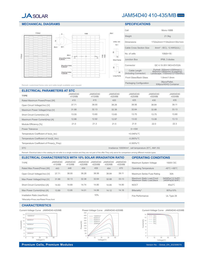 JA SOLAR JAM54D40 BIFACIAL 420W MB Czarna rama MC4 (N-Type)