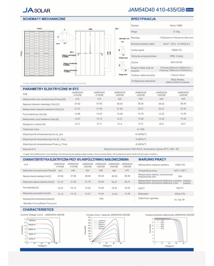 JA SOLAR JAM54D40 BIFACIAL 420W MB Czarna rama MC4 (N-Type)