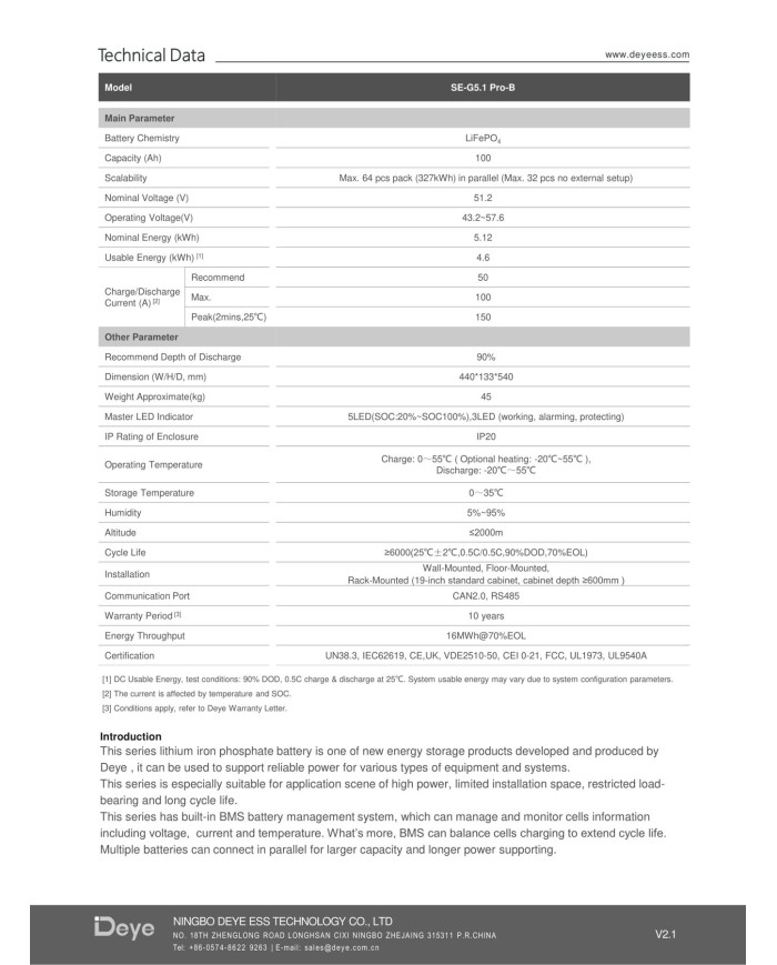 DEYE SE-G5.1-Pro-B 51.2V 100Ah 5.12kWh