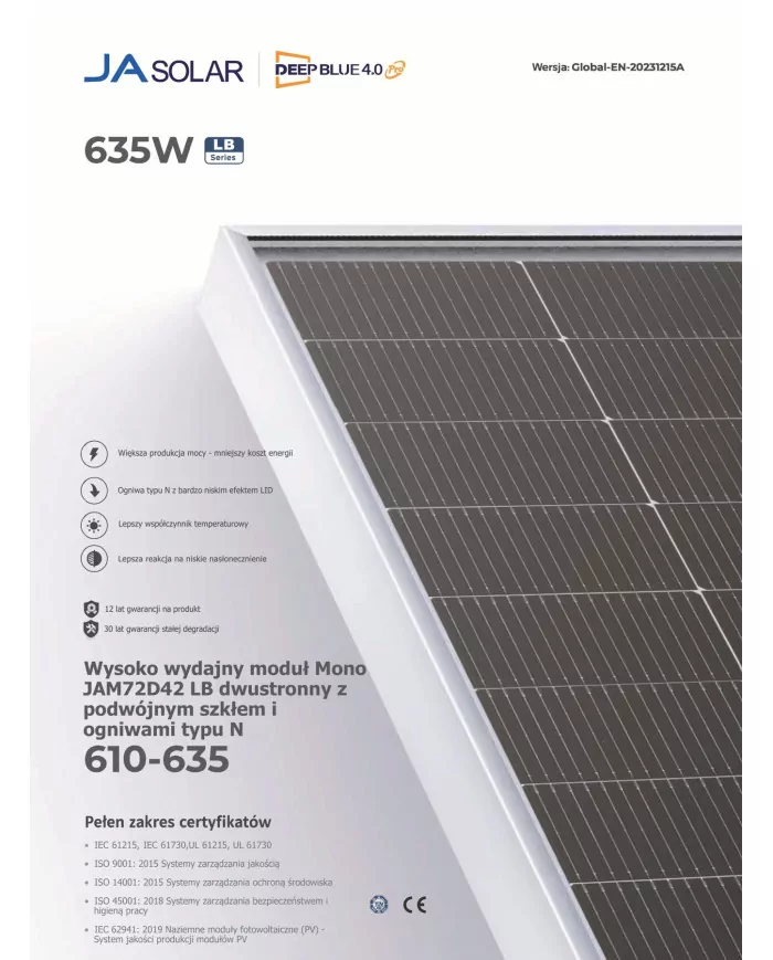 ja solar jam72d42-620/lb módulo bifacial de doble vidrio 620w (n-type)